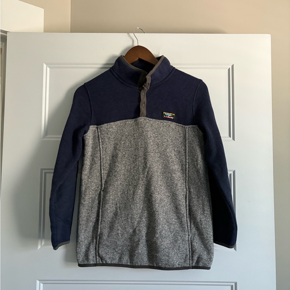 LL Bean Kids XL 18 Navy Gray Knit Sweater Fleece Snaps & Pockets